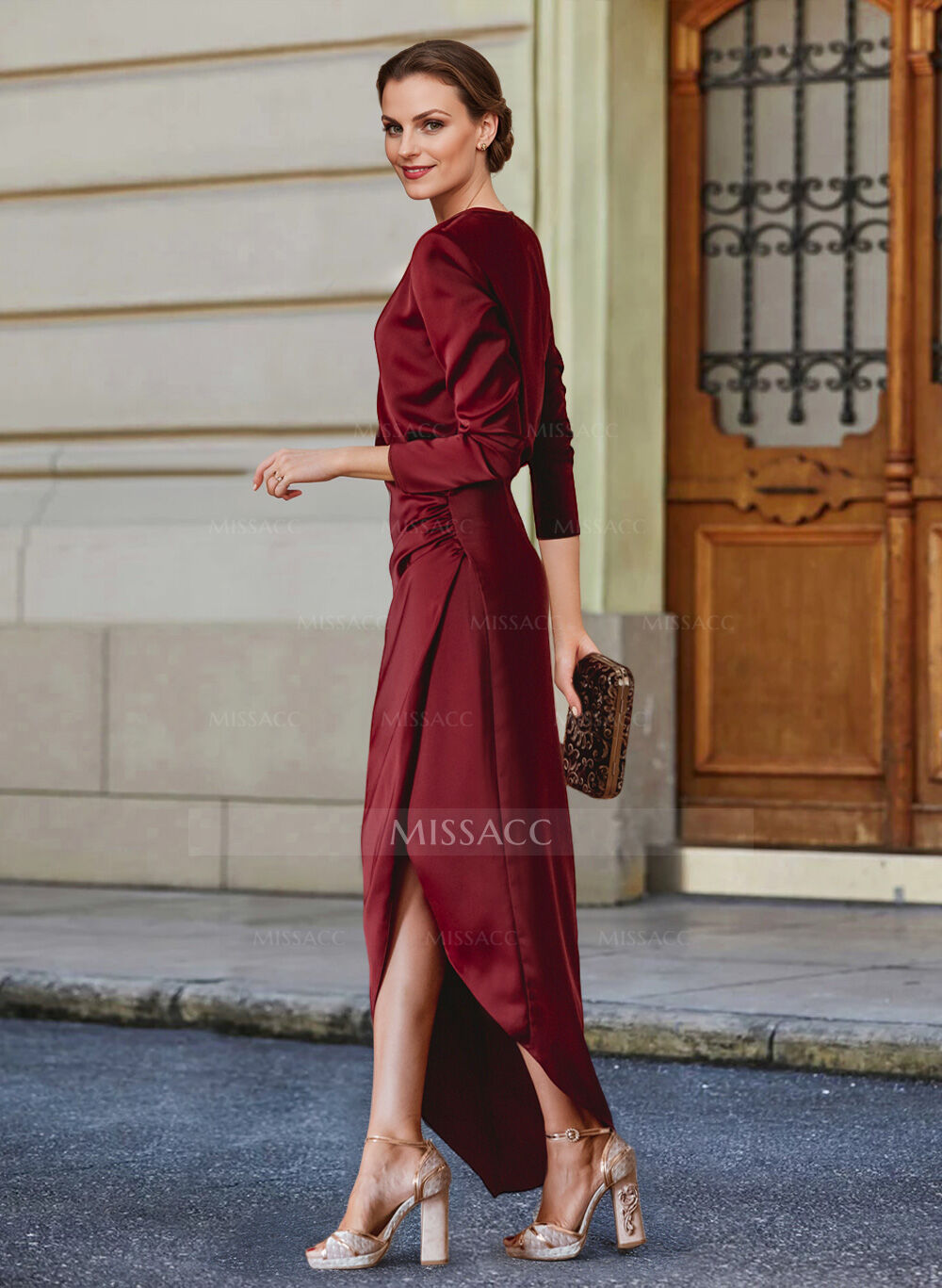 Elegant V-Neck Long Sleeves Asymmetrical Charmeuse Evening Dresses