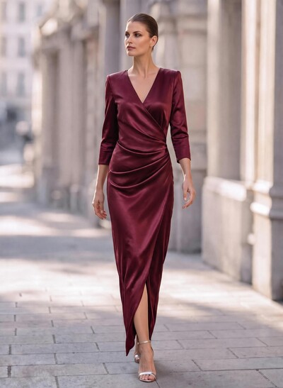 Elegant V-Neck Long Sleeves Asymmetrical Charmeuse Evening Dresses