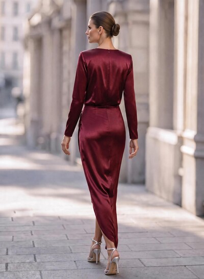 Elegant V-Neck Long Sleeves Asymmetrical Charmeuse Evening Dresses