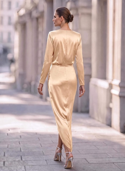 Elegant V-Neck Long Sleeves Asymmetrical Charmeuse Evening Dresses