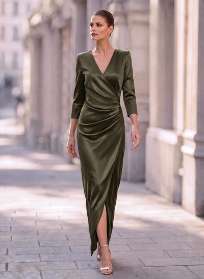 Elegant V-Neck Long Sleeves Asymmetrical Charmeuse Evening Dresses