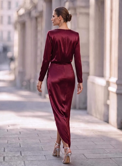 Elegant V-Neck Long Sleeves Asymmetrical Charmeuse Evening Dresses