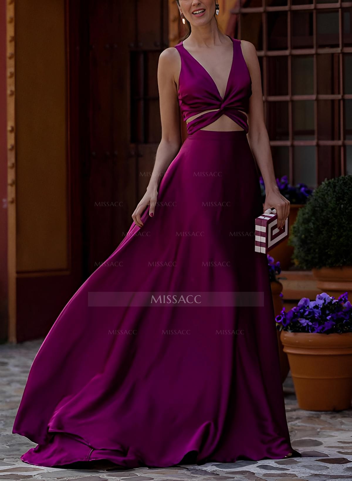 A-Line V-Neck Sleeveless Sweep Train Charmeuse Evening Dresses