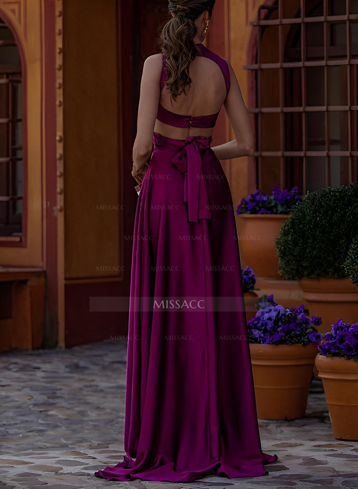 A-Line V-Neck Sleeveless Sweep Train Charmeuse Evening Dresses