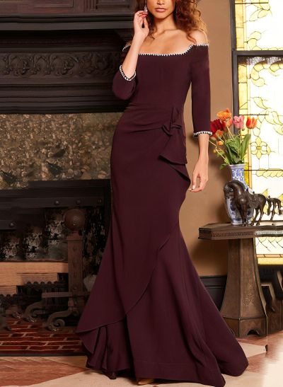 Elegant Off-The-Shoulder 1/2 Sleeves Sweep Train Evening Dresses With Ruffle
