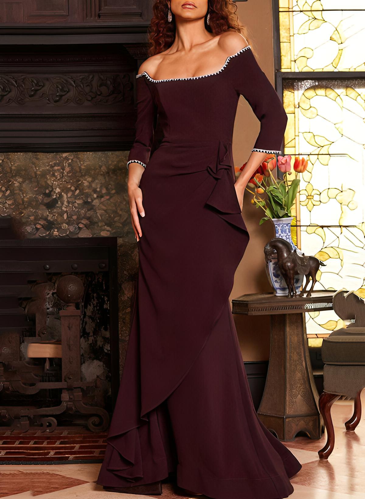 Elegant Off-The-Shoulder 1/2 Sleeves Sweep Train Evening Dresses With Ruffle