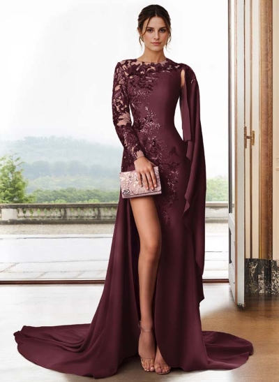 Scoop Neck Long Sleeves Court Train Evening Dresses With Appliques Lace