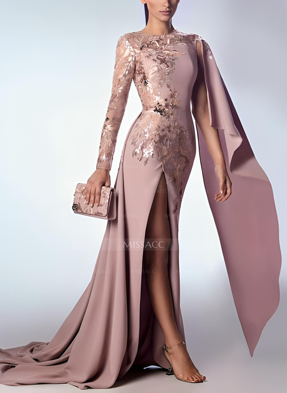 Scoop Neck Long Sleeves Court Train Evening Dresses With Appliques Lace