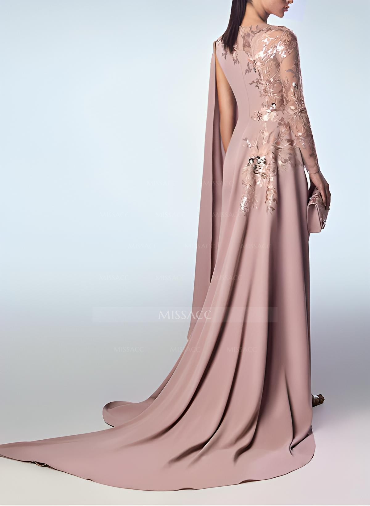 Scoop Neck Long Sleeves Court Train Evening Dresses With Appliques Lace