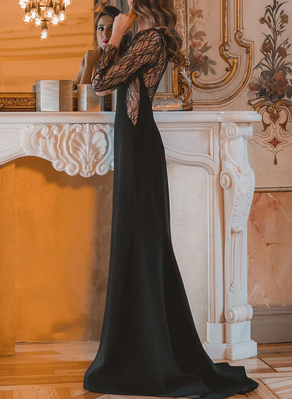 Elegant One-Shoulder Long Sleeves Sweep Train Evening Dresses With Sequins