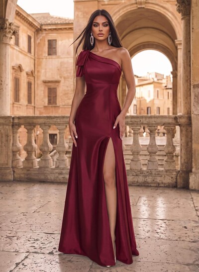 A-Line One-Shoulder Sleeveless Silk Like Satin Evening Dresses With Split Front