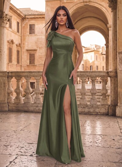 A-Line One-Shoulder Sleeveless Silky Satin Evening Dress With Front Split