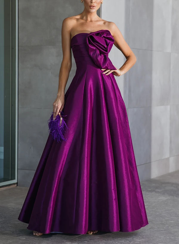 Elegant A-Line Strapless Sleeveless Floor-Length Satin Evening Dresses