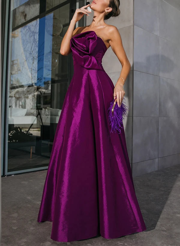 Elegant A-Line Strapless Sleeveless Floor-Length Satin Evening Dresses