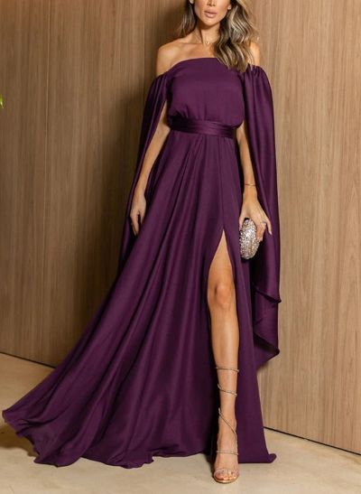 A-Line Off-The-Shoulder Sweep Train Chiffon Evening Dresses With Split Front