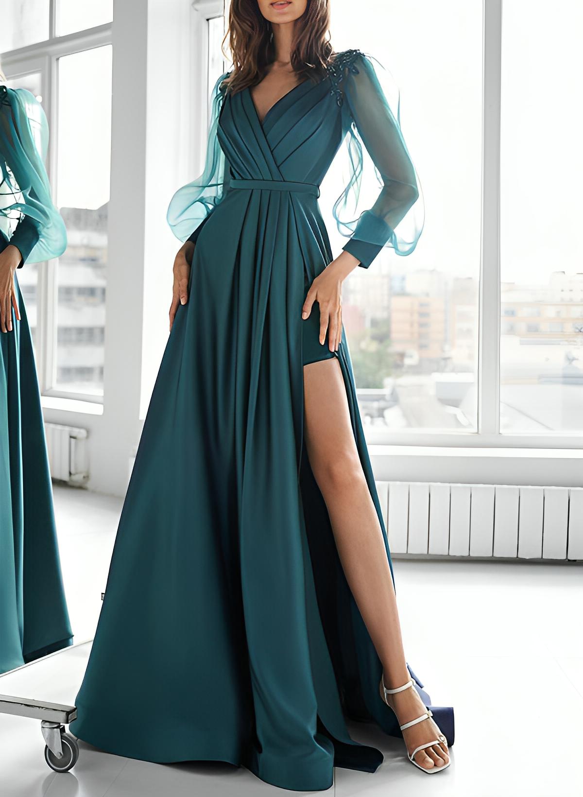 Elegant V-Neck Long Sleeves Sweep Train Charmeuse Evening Dresses With Appliques Lace