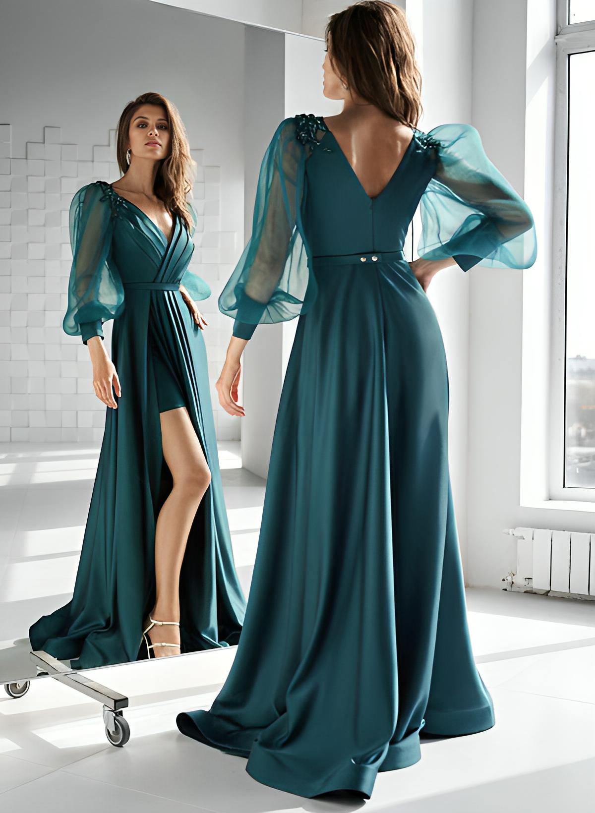 Elegant V-Neck Long Sleeves Sweep Train Charmeuse Mother Of The Bride Dresses With Appliques Lace