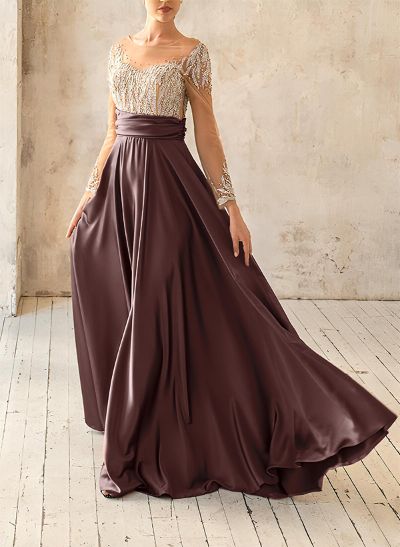 A-Line Illusion Neck Long Sleeves Sweep Train Satin Evening Dresses