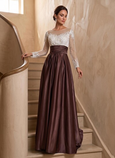 A-Line Illusion Neck Long Sleeves Sweep Train Silk Like Satin Evening Dresses