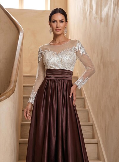 A-Line Illusion Neck Long Sleeves Sweep Train Silk Like Satin Evening Dresses