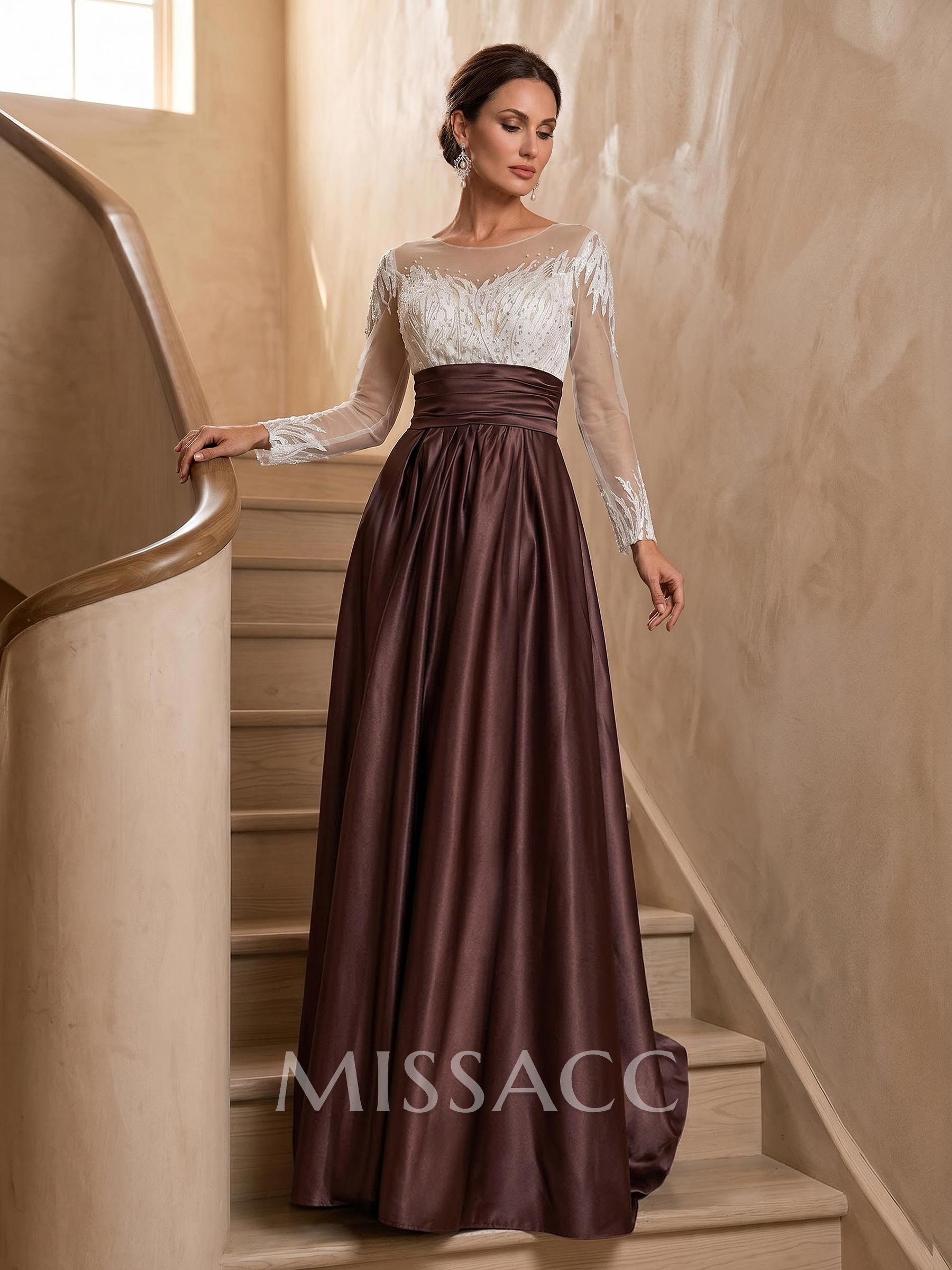 A-Line Illusion Neck Long Sleeves Sweep Train Silk Like Satin Evening Dresses A-Line Illusion Neck Long Sleeves Sweep Train Silk Like Satin Evening Dresses