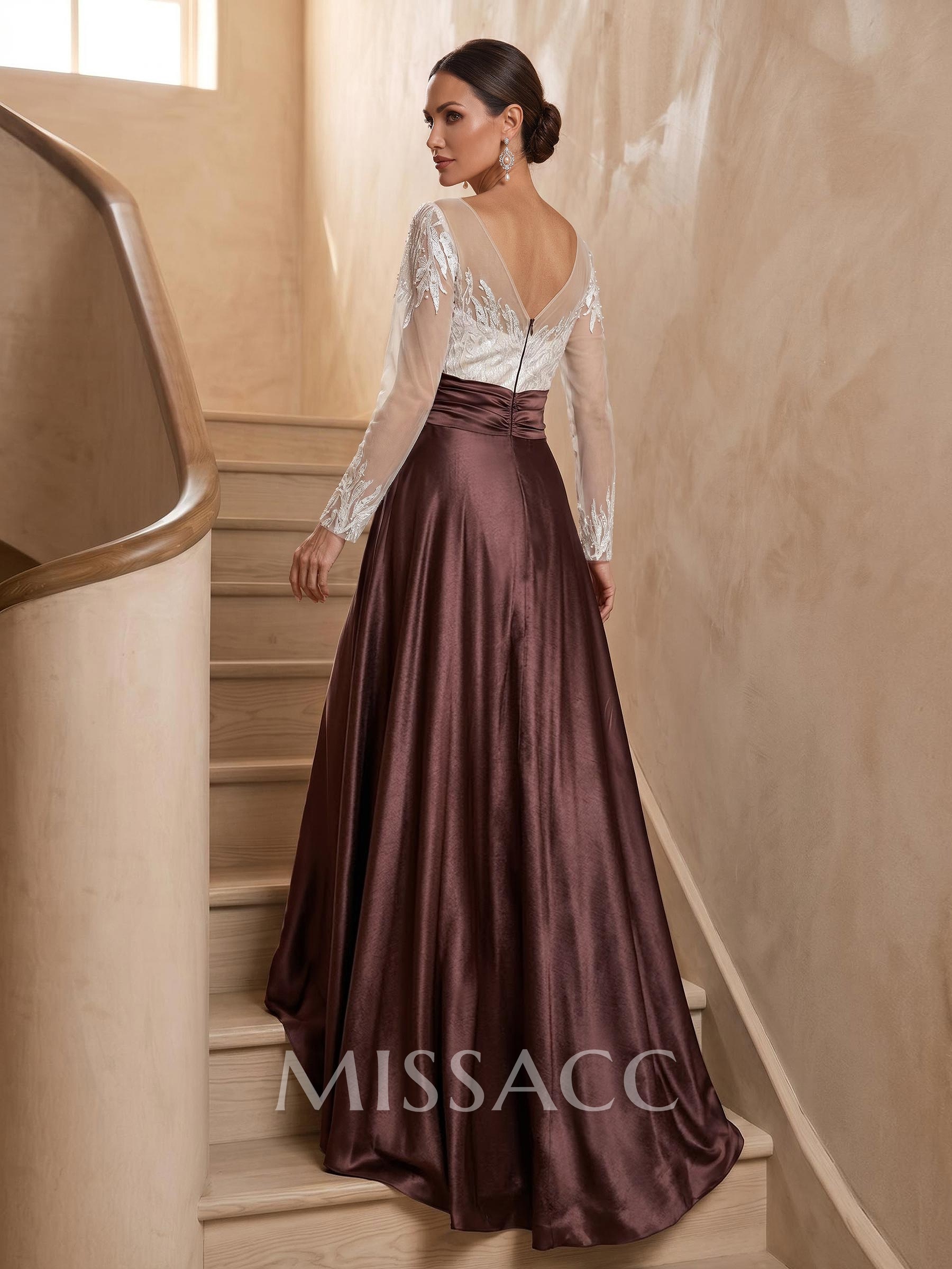 A-Line Illusion Neck Long Sleeves Sweep Train Silk Like Satin Evening Dresses A-Line Illusion Neck Long Sleeves Sweep Train Silk Like Satin Evening Dresses