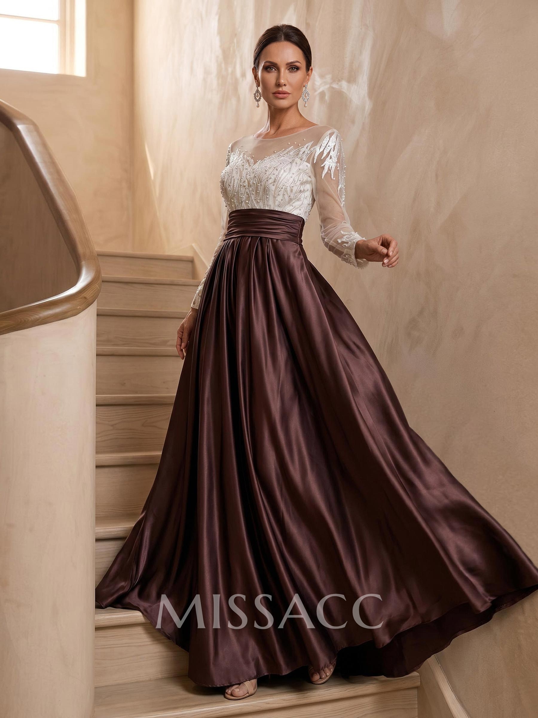 A-Line Illusion Neck Long Sleeves Sweep Train Silk Like Satin Evening Dresses A-Line Illusion Neck Long Sleeves Sweep Train Silk Like Satin Evening Dresses