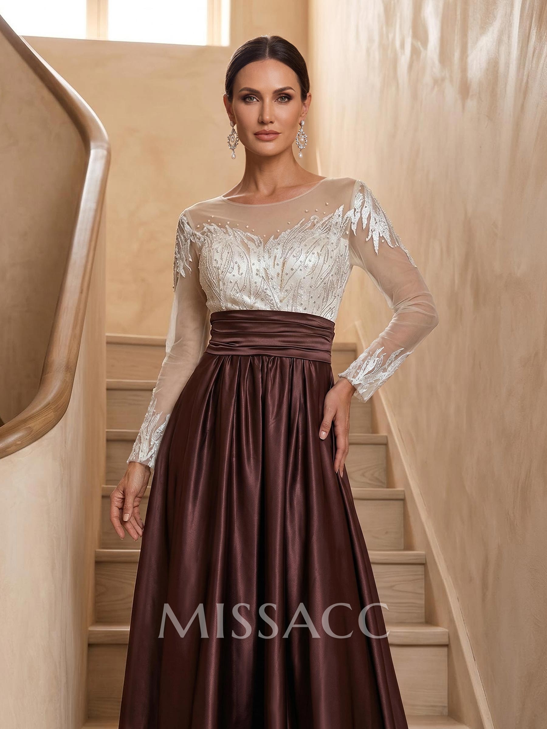 A-Line Illusion Neck Long Sleeves Sweep Train Silk Like Satin Evening Dresses A-Line Illusion Neck Long Sleeves Sweep Train Silk Like Satin Evening Dresses