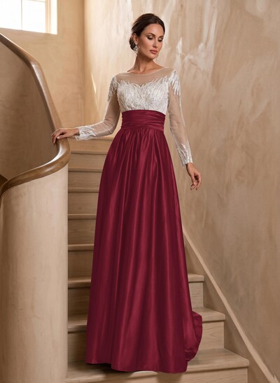 A-Line Illusion Neck Long Sleeves Sweep Train Silk Like Satin Evening Dresses