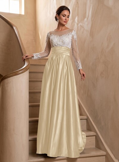 A-Line Illusion Neck Long Sleeves Sweep Train Silk Like Satin Evening Dresses