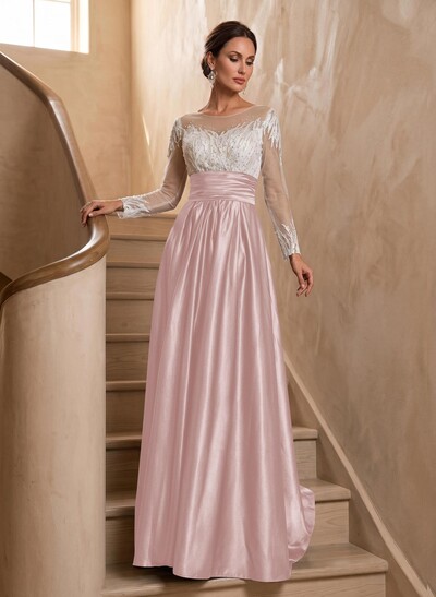 A-Line Illusion Neck Long Sleeves Sweep Train Silk Like Satin Evening Dresses