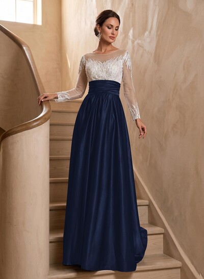 A-Line Illusion Neck Long Sleeves Sweep Train Silk Like Satin Evening Dresses