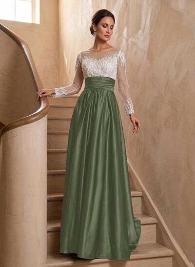 A-Line Illusion Neck Long Sleeves Sweep Train Silk Like Satin Evening Dresses