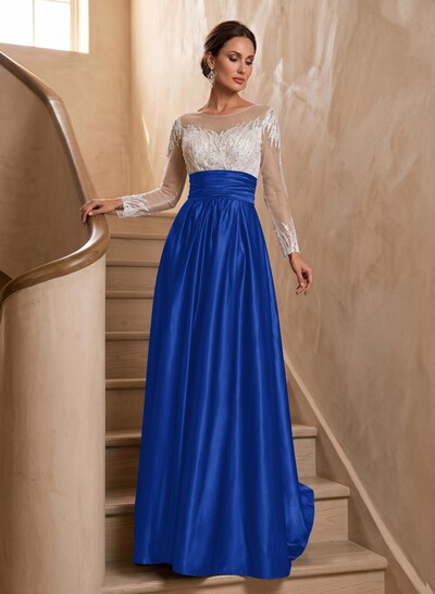 A-Line Illusion Neck Long Sleeves Sweep Train Silk Like Satin Evening Dresses