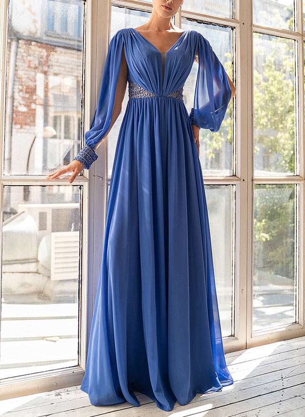 Elegant A-Line V-Neck Long Sleeves Floor-Length Chiffon Evening Dresses