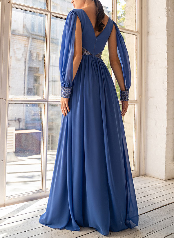 Elegant A-Line V-Neck Long Sleeves Floor-Length Chiffon Evening Dresses