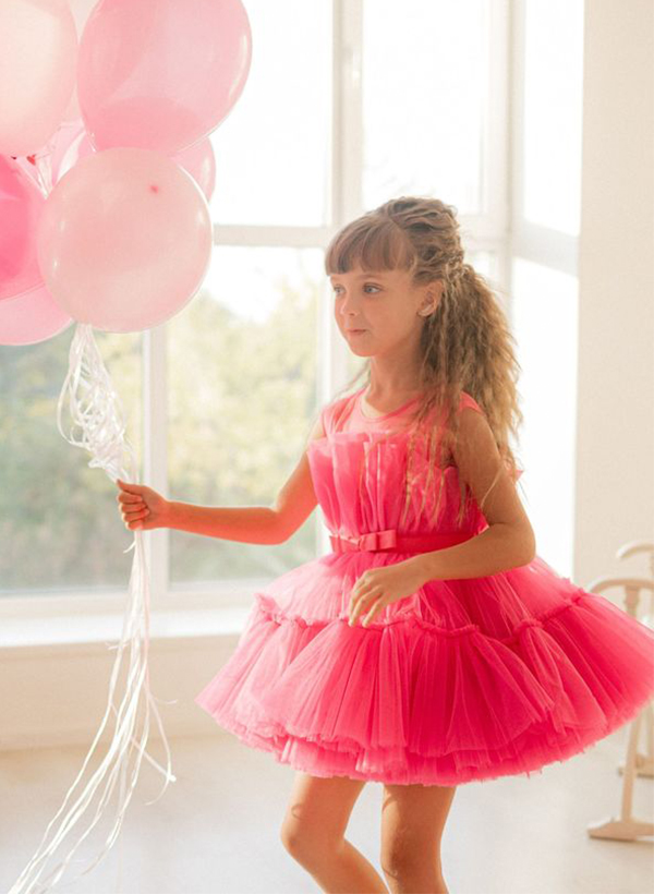 Ball-Gown Scoop Neck Short/Mini Tulle Flower Girl Dresses With Bow(s)