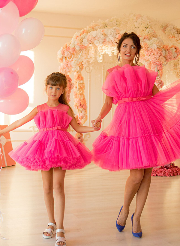 Ball-Gown Scoop Neck Short/Mini Tulle Flower Girl Dresses With Bow(s)