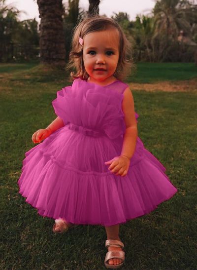 Ball-Gown Scoop Neck Short/Mini Tulle Flower Girl Dresses With Bow(s)