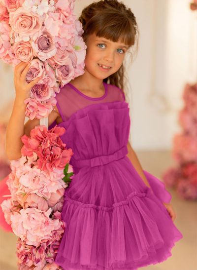 Ball-Gown Scoop Neck Short/Mini Tulle Flower Girl Dresses With Bow(s)
