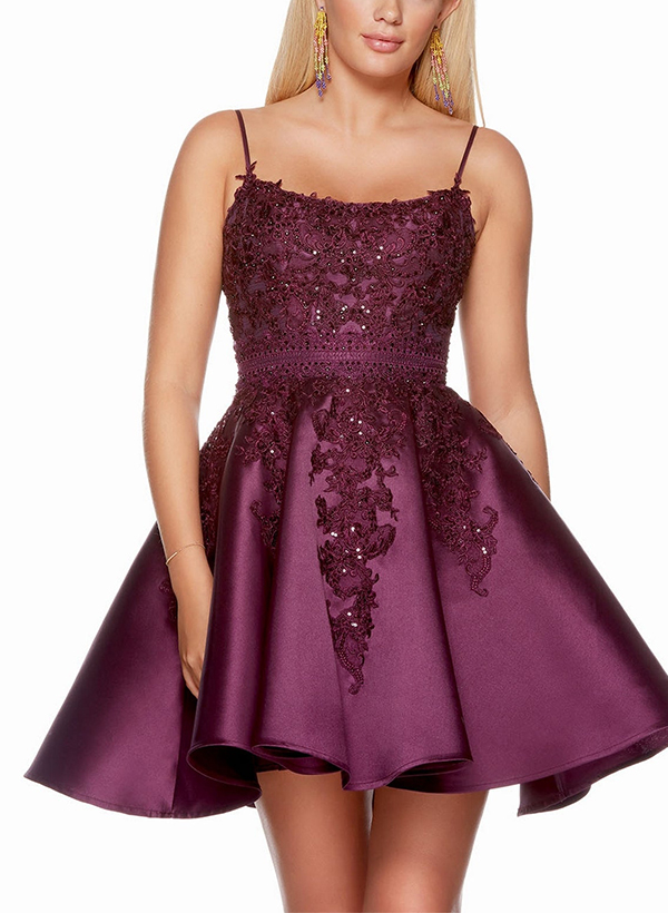 A-Line Square Neckline Sleeveless Short/Mini Lace/Satin Homecoming Dresses