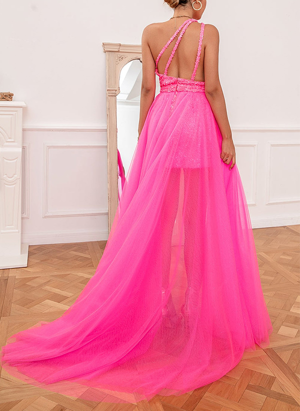 Column One-Shoulder Detchable Train Tulle/Sequined Homecoming Dresses