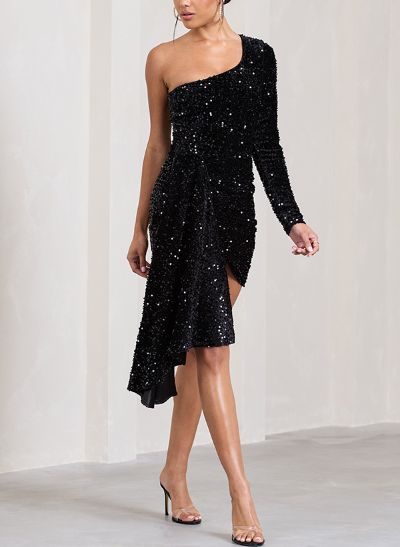 Column One-Shoulder Long Sleeves Short/Mini Sequined Homecoming Dresses