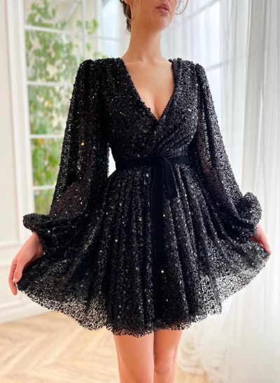 A-Line V-Neck Long Sleeves Short/Mini Sequined Homecoming Dresses