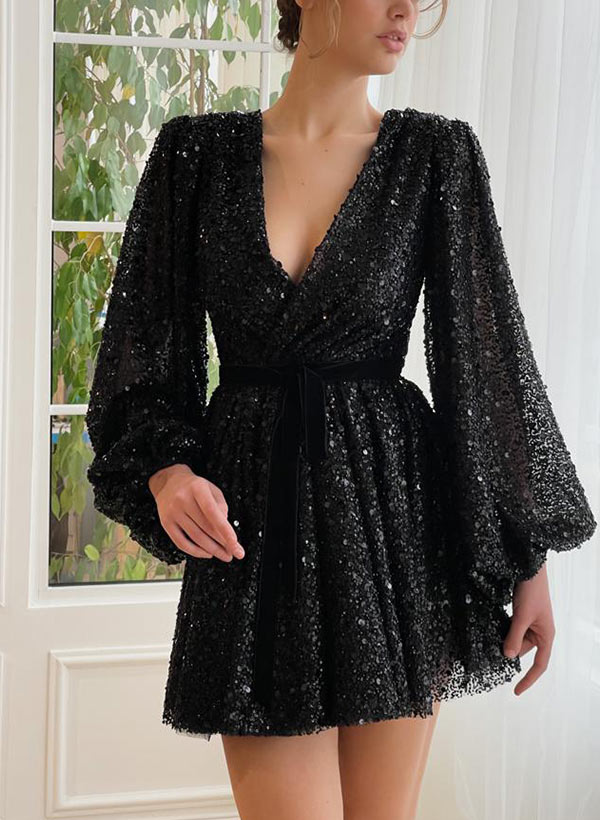 A-Line V-Neck Long Sleeves Short/Mini Sequined Homecoming Dresses