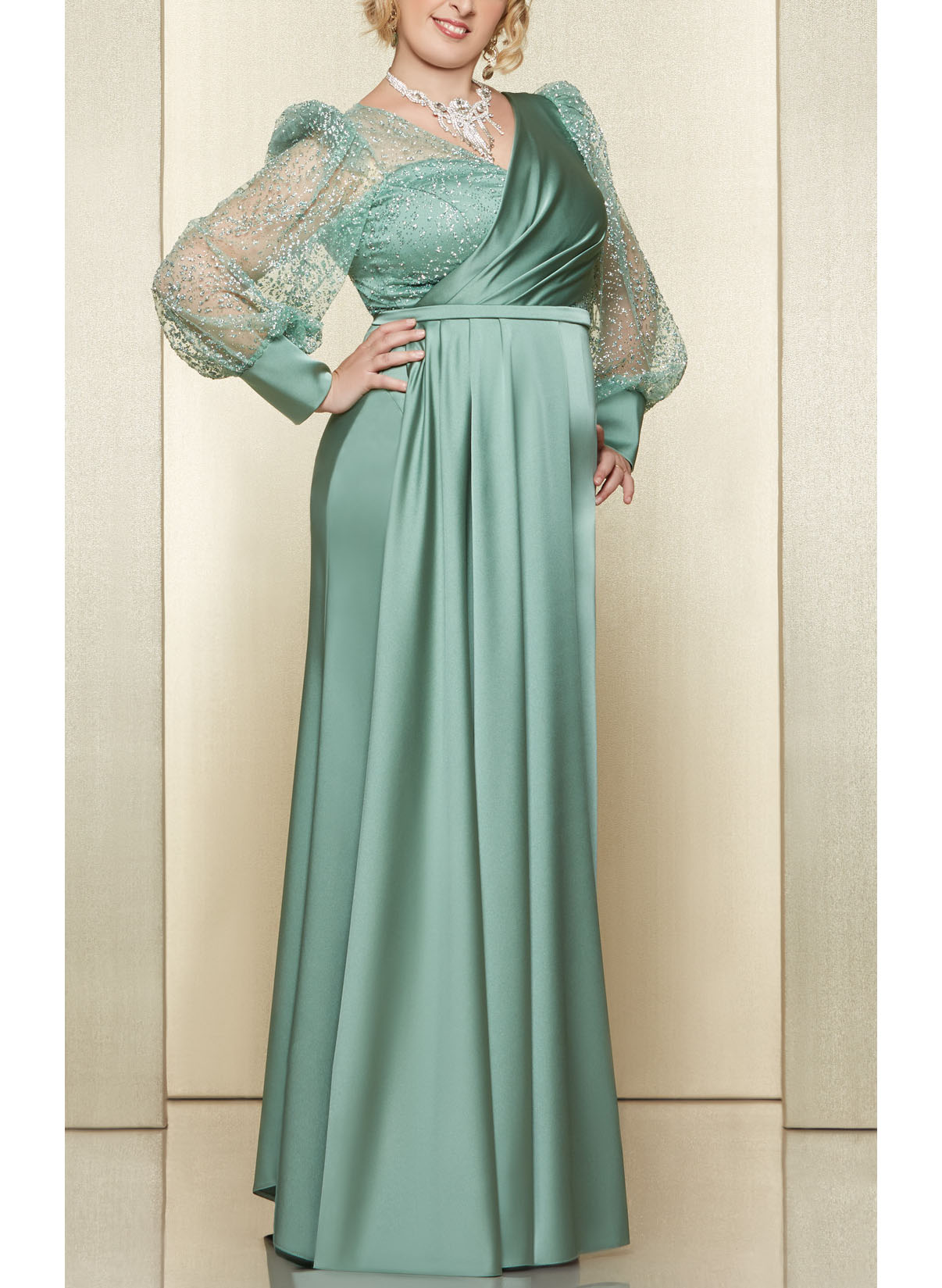 Sequined Long Sleeves V-Neck Satin Mother Of The Bride Dresses