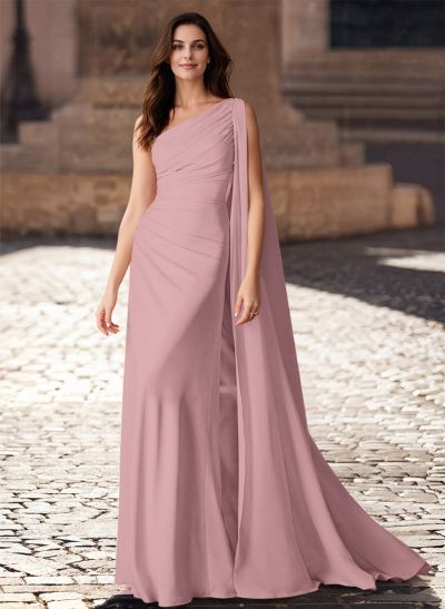 One-Shoulder Chiffon Cape Evening Dresses With Sheath/Column