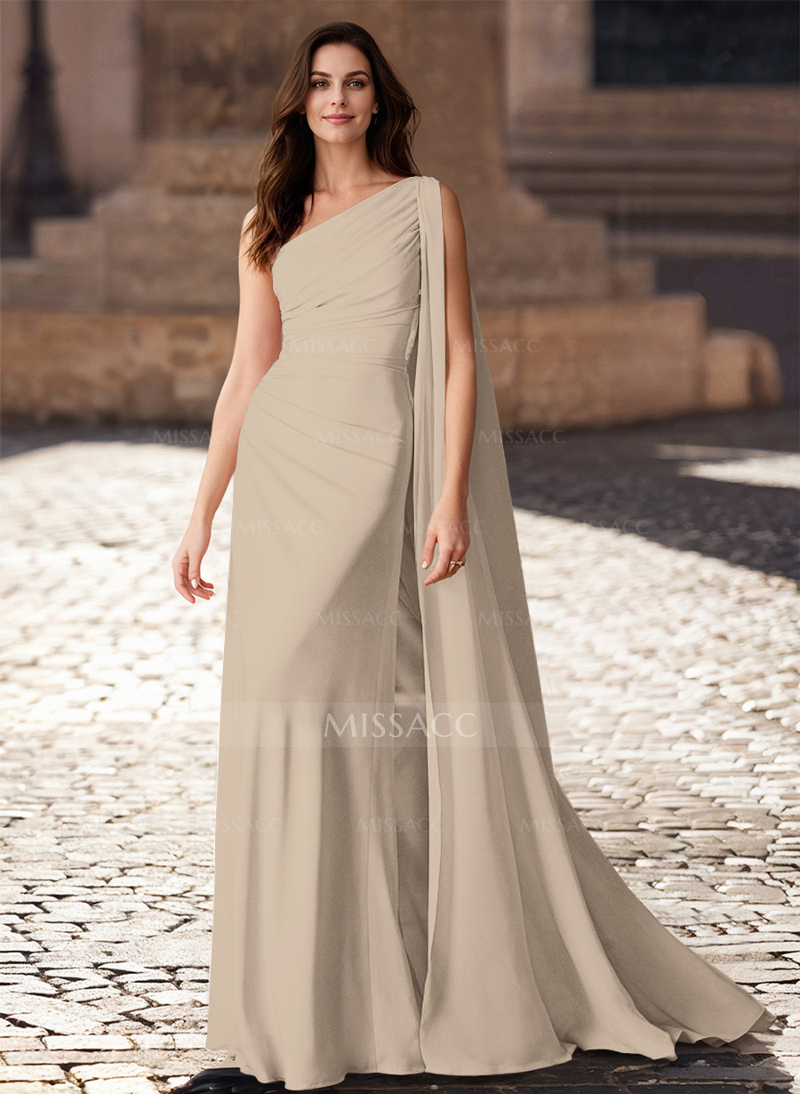 One-Shoulder Chiffon Cape Mother Of The Bride Dresses With Sheath