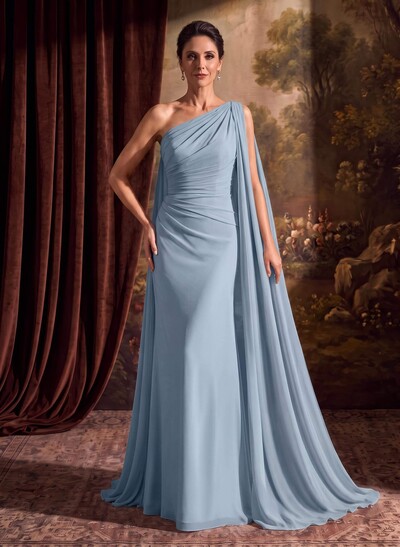 One-Shoulder Chiffon Cape Mother Of The Bride Dresses With Sheath/Column