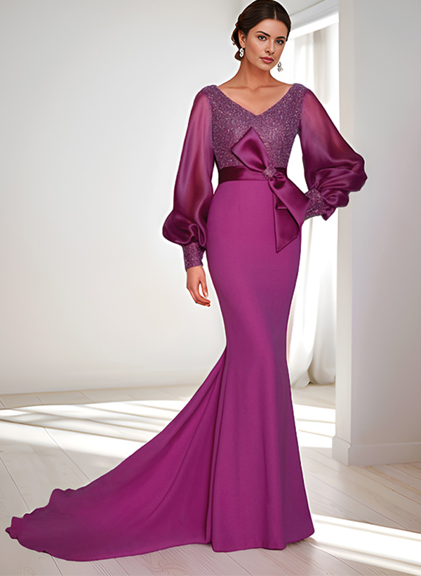 Mermaid V-Neck Long Sleeves Sweep Train Sequined Mother Of The Bride Dresses